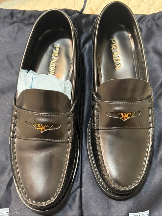 Prada Shoes - Prada Black Leather Penny Loafers with Gold Logo Hardware